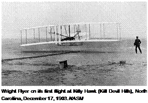 Подпись: Wright Flyer on its first flight at Kitty Hawk (Kill Devil Hills), North Carolina, December 17, 1903. NASM 