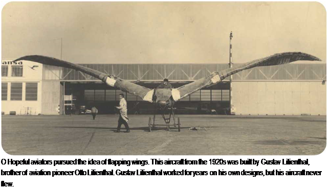 Подпись: О Hopeful aviators pursued the idea of flapping wings. This aircraft from the 1920s was built by Gustav Lilienthal, brother of aviation pioneer Otto Lilienthal. Gustav Lilienthal worked for years on his own designs, but his aircraft never flew. 