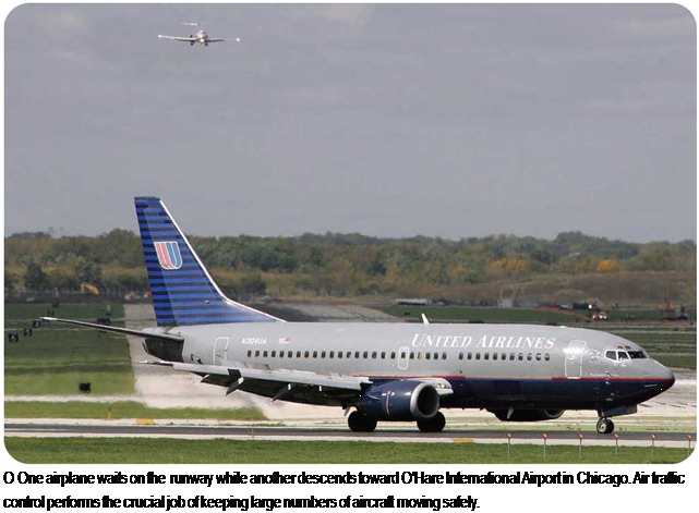 Подпись: О One airplane waits on the runway while another descends toward O'Hare International Airport in Chicago. Air traffic control performs the crucial job of keeping large numbers of aircraft moving safely. 