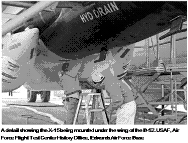 Подпись: A detail showing the X-15 being mounted under the wing of the B-52. USAF, Air Force Flight Test Center History Office, Edwards Air Force Base 
