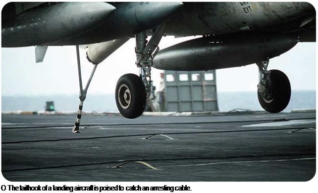 Подпись: О The tailhook of a landing aircraft is poised to catch an arresting cable. 