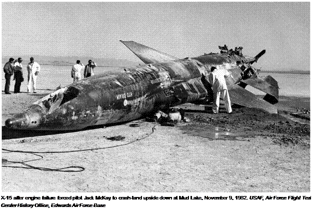 Подпись: X-15 after engine failure forced pilot Jack McKay to crash-land upside down at Mud Lake, November 9, 1962. USAF, Air Force Flight Test Center History Office, Edwards Air Force Base 