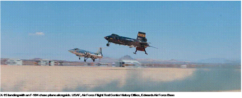 Подпись: X-15 landing with an F-104 chase plane alongside. USAF, Air Force Flight Test Center History Office, Edwards Air Force Base 