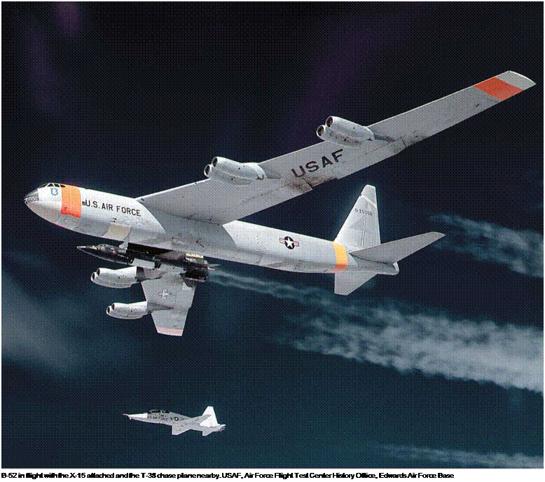 Подпись: B-52 in flight with the X-15 attached and the T-38 chase plane nearby. USAF, Air Force Flight Test Center History Office, Edwards Air Force Base 