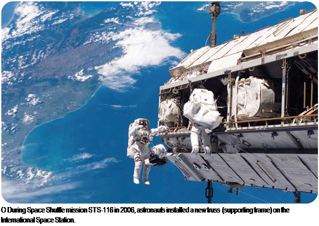 Подпись: О During Space Shuttle mission STS-116 in 2006, astronauts installed a new truss (supporting frame) on the International Space Station. 