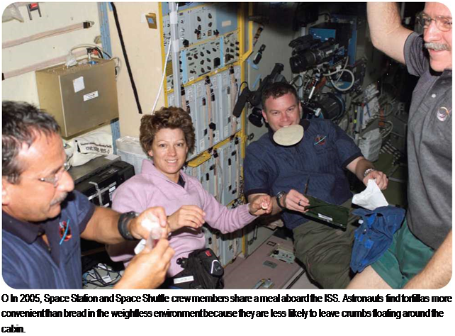 Подпись: О In 2005, Space Station and Space Shuttle crew members share a meal aboard the ISS. Astronauts find tortillas more convenient than bread in the weightless environment because they are less likely to leave crumbs floating around the cabin. 