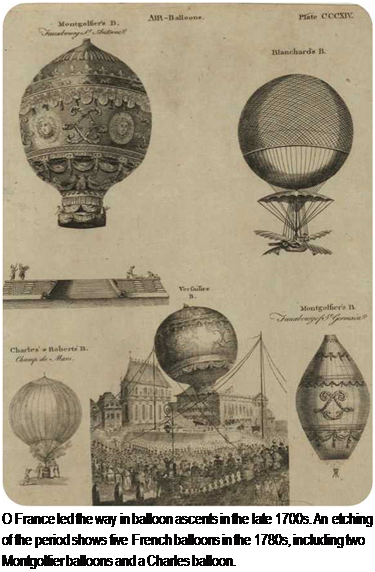 Подпись: О France led the way in balloon ascents in the late 1700s. An etching of the period shows five French balloons in the 1780s, including two Montgolfier balloons and a Charles balloon. 