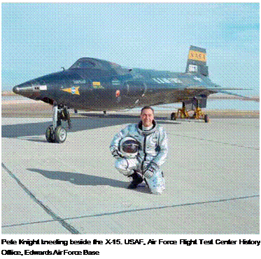 Подпись: Pete Knight kneeling beside the X-15. USAF, Air Force Flight Test Center History Office, Edwards Air Force Base 
