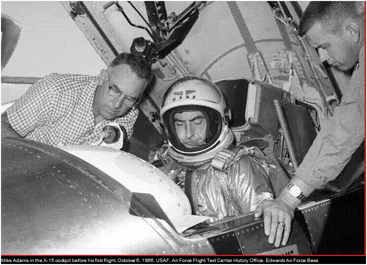 Подпись: Mike Adams in the X-15 cockpit before his first flight, October 6, 1966. USAF, Air Force Flight Test Center History Office, Edwards Air Force Base 