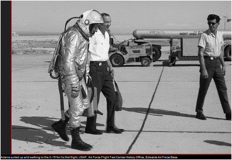 Подпись: Adams suited up and walking to the X-15 for his first flight. USAF, Air Force Flight Test Center History Office, Edwards Air Force Base 