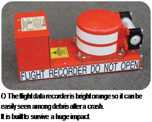 Подпись: О The flight data recorder is bright orange so it can be easily seen among debris after a crash. It is built to survive a huge impact. 