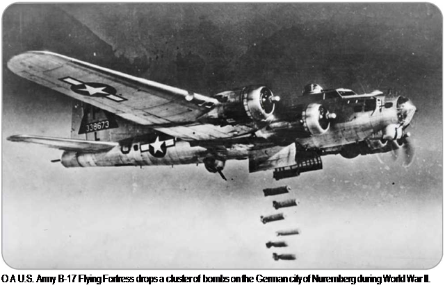 Подпись: О A U.S. Army B-17 Flying Fortress drops a cluster of bombs on the German city of Nuremberg during World War II. 