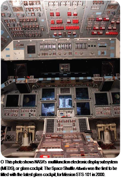Подпись: О This photo shows NASA's multifunction electronic display subsystem (MEDS), or glass cockpit. The Space Shuttle Atlantis was the first to be fitted with the latest glass cockpit, for Mission STS-101 in 2000. 