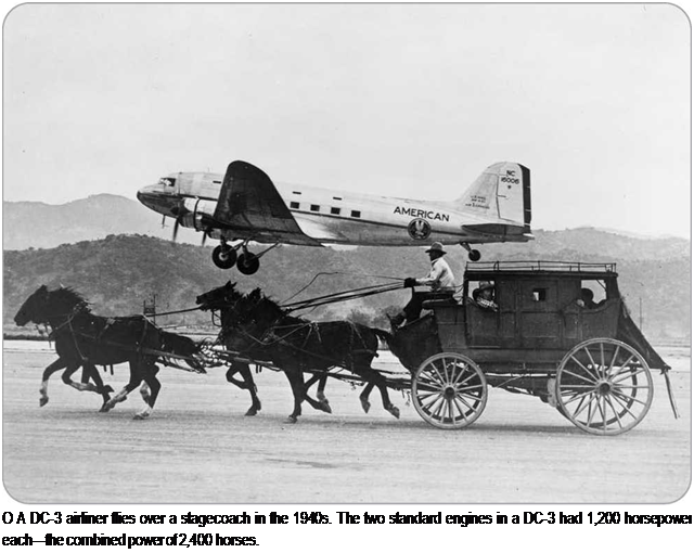 Подпись: О A DC-3 airliner flies over a stagecoach in the 1940s. The two standard engines in a DC-3 had 1,200 horsepower each—the combined power of 2,400 horses. 