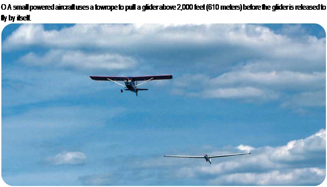 Подпись: О A small powered aircraft uses a towrope to pull a glider above 2,000 feet (610 meters) before the glider is released to fly by itself. 