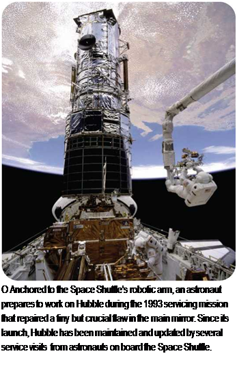 Подпись: О Anchored to the Space Shuttle's robotic arm, an astronaut prepares to work on Hubble during the 1993 servicing mission that repaired a tiny but crucial flaw in the main mirror. Since its launch, Hubble has been maintained and updated by several service visits from astronauts on board the Space Shuttle. 