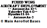 Подпись: FIXED WING AIRCRAFT DEPLOYMENT • • Antonov An-12 • Yakovlev Yak-4-О •• Ilyushin 11-14- • Antonov An-2 ® Main Aeroflot Bases 