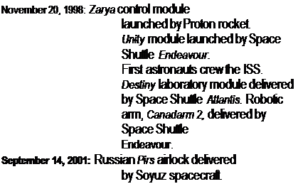 Подпись: November 20, 1998: Zarya control module launched by Proton rocket. Unity module launched by Space Shuttle Endeavour. First astronauts crew the ISS. Destiny laboratory module delivered by Space Shuttle Atlantis. Robotic arm, Canadarm 2, delivered by Space Shuttle Endeavour. September 14, 2001: Russian Pirs airlock delivered by Soyuz spacecraft. 