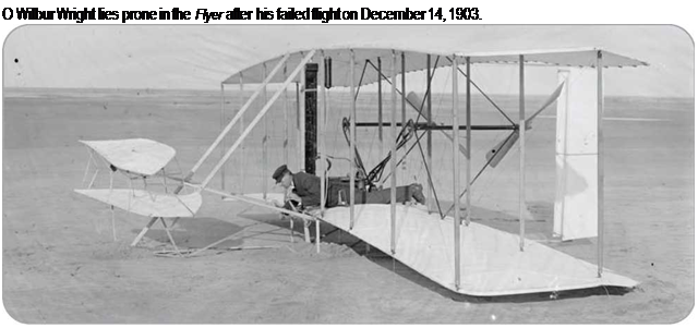Подпись: О Wilbur Wright lies prone in the Flyer after his failed flight on December 14, 1903. 
