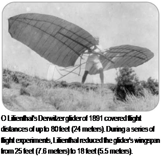Подпись: О Lilienthal's Derwitzer glider of 1891 covered flight distances of up to 80 feet (24 meters). During a series of flight experiments, Lilienthal reduced the glider's wingspan from 25 feet (7.6 meters) to 18 feet (5.5 meters). 