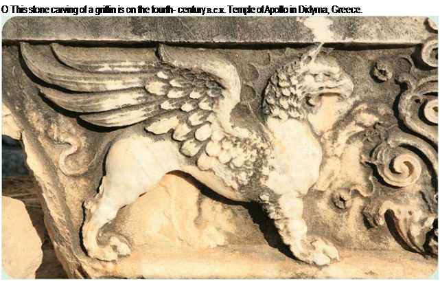 Подпись: О This stone carving of a griffin is on the fourth- century B.C.E. Temple of Apollo in Didyma, Greece. 