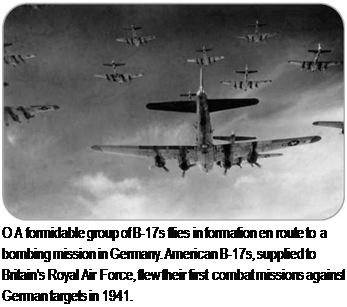 Подпись: О A formidable group of B-17s flies in formation en route to a bombing mission in Germany. American B-17s, supplied to Britain's Royal Air Force, flew their first combat missions against German targets in 1941. 