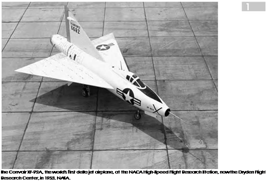 Подпись: The Convair XF-92A, the world's first delta jet airplane, at the NACA High-Speed Flight Research Station, now the Dryden Flight Research Center, in 1953. NASA. 