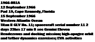 Подпись: 1966-081A 12 September 1966 Pad 19, Cape Kennedy, Florida 15 September 1966 Western Atlantic Ocean Titan II GLV No. 11; spacecraft serial number 11 2 days 23hrs 17 min 8 sec Gemini Eleven Rendezvous and docking mission; high-apogee orbit and tether dynamics exercises; EVA activities 