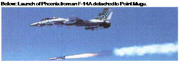 Подпись: Below: Launch of Phoenix from an F-14A detached to Point Mugu. 