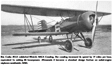 Подпись: This Curtiss AT-5A validated Weick's NACA Cowling. The cowling increased its speed by 19 miles per hour, equivalent to adding 83 horsepower. Afterwards it became a standard design feature on radial-engine airplanes worldwide. NASA. 