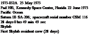 Подпись: 1973-032A 25 May 1973 Pad 39B, Kennedy Space Center, Florida 22 June 1973 Pacific Ocean Saturn 1B SA-206; spacecraft serial number CSM 116 28 days 0 hrs 49 min 49 sec Skylab First Skylab resident crew (28 days) 