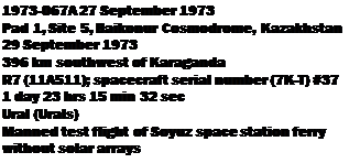 Подпись: 1973-067A 27 September 1973 Pad 1, Site 5, Baikonur Cosmodrome, Kazakhstan 29 September 1973 396 km southwest of Karaganda R7 (11A511); spacecraft serial number (7K-T) #37 1 day 23 hrs 15 min 32 sec Ural (Urals) Manned test flight of Soyuz space station ferry without solar arrays 