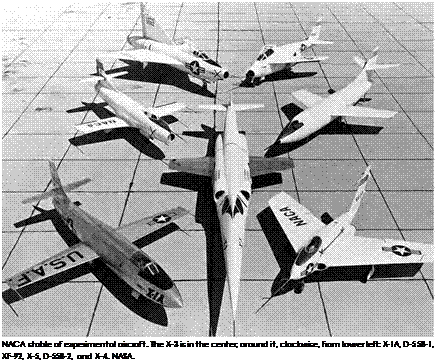 Подпись: NACA stable of experimental aircraft. The X-3 is in the center; around it, clockwise, from lower left: X-1A, D-558-1, XF-92, X-5, D-558-2, and X-4. NASA. 