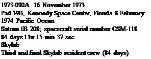 Подпись: 1973-090A 16 November 1973 Pad 39B, Kennedy Space Center, Florida 8 February 1974 Pacific Ocean Saturn 1B 208; spacecraft serial number CSM-118 84 days 1 hr 15 min 37 sec Skylab Third and final Skylab resident crew (84 days) 