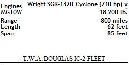 Подпись: Engines Wright SGR-1820 Cyclone (710 hp) x 2 MGT0W 18,200 lb. Range 800 miles Length 62 feet Span 85 feet T.W.A. DOUGLAS ІС-2 FLEET 