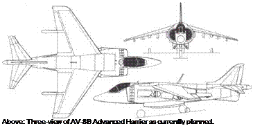 Подпись: Above: Three-view of AV-8B Advanced Harrier as currently planned. 