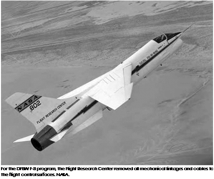 Подпись: For the DFBW F-8 program, the Flight Research Center removed all mechanical linkages and cables to the flight control surfaces. NASA. 