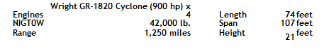 Подпись: Engines Wright GR-1820 Cyclone (900 hp) x 4 Length 74 feet NIGT0W 42,000 lb. Span 107 feet Range 1,250 miles Height 21 feet 