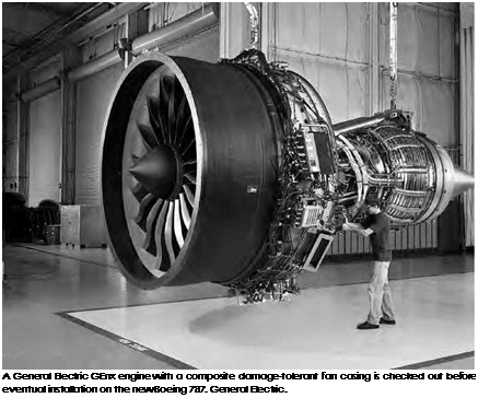 Подпись: A General Electric GEnx engine with a composite damage-tolerant fan casing is checked out before eventual installation on the new Boeing 787. General Electric. 