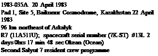 Подпись: 1983-035A 20 April 1983 Pad 1, Site 5, Baikonur Cosmodrome, Kazakhstan 22 April 1983 96 km northeast of Arkalyk R7 (11A511U); spacecraft serial number (7K-ST) #13L 2 days 0hrs 17 min 48 sec Okean (Ocean) Second Salyut 7 resident crew programme 