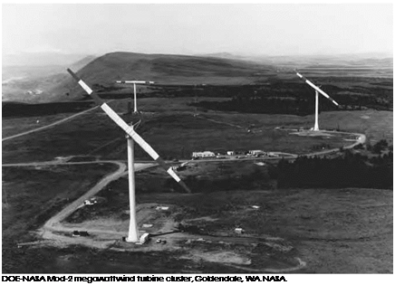 Подпись: DOE-NASA Mod-2 megawatt wind turbine cluster, Goldendale, WA. NASA. 