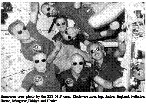 Подпись: Humorous crew photo by the STS 51-F crew. Clockwise from top: Acton, England, Fullerton, Bartoe, Musgrave, Bridges and Henize 