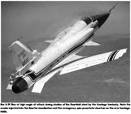Подпись: The X-29 flies at high angle of attack during studies of the flow-field shed by the fuselage forebody. Note the smoke injected into the flow for visualization and the emergency spin parachute structure on the rear fuselage. NASA. 