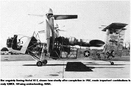 Подпись: The ungainly Boeing-Vertol VZ-2, shown here shortly after completion in 1957, made important contributions to early V/STOL tilt wing understanding. NASA. 