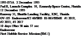 Подпись: 1993-075A 2 December 1993 Pad B, Launch Complex 39, Kennedy Space Center, Florida 12 December 1993 Runway 33, Shuttle Landing Facility, KSC, Florida OV-105 Endeavour/ET-60/SRB BI-063/SSME #1 2019; #2 2033; #3 2017 10 days 19hrs 58 min 37 sec Endeavour First Hubble Service Mission (SM-1) 