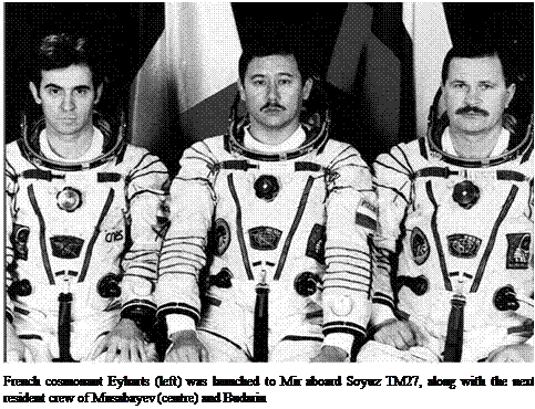 Подпись: French cosmonaut Eyharts (left) was launched to Mir aboard Soyuz TM27, along with the next resident crew of Musabayev (centre) and Budarin 