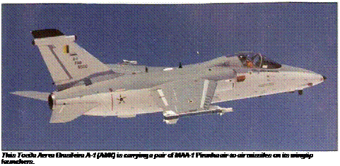 Подпись: This Тогда Aerea Brasileira A-1 (AMX) is carrying a pair of MAA-1 Piranha air-to-air missiles on its wingtip launchers. 