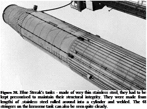 Подпись: Figure 38. Blue Streak's tanks - made of very thin stainless steel, they had to be kept pressurised to maintain their structural integrity. They were made from lengthi of .stainless steel rolled around into a cylinder and welded. The 48 stringers on the kerosene tank can also be seen quite clearly. 