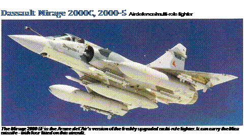 Подпись: Dassault Mirage 2000C, 2000-5 Airdefence/multi-role fighter The Mirage 2000-5F is the Armee de I'Air’s version of the freshly upgraded multi-role fighter. It can carry the Mica missile - with four fitted on this aircraft. 