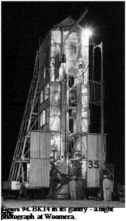 Подпись: Figure 94. BK14 in its gantry - a night time photograph at Woomera. 